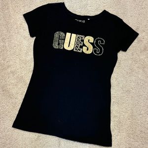 Guess Logo Crewneck Tee w/Gold Rhinestone and Foil Embellishment